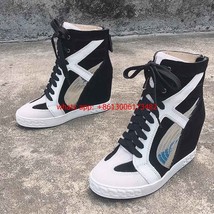 real photos woman white black 8CM inner wedge heel lace up high top sneaker - £150.87 GBP