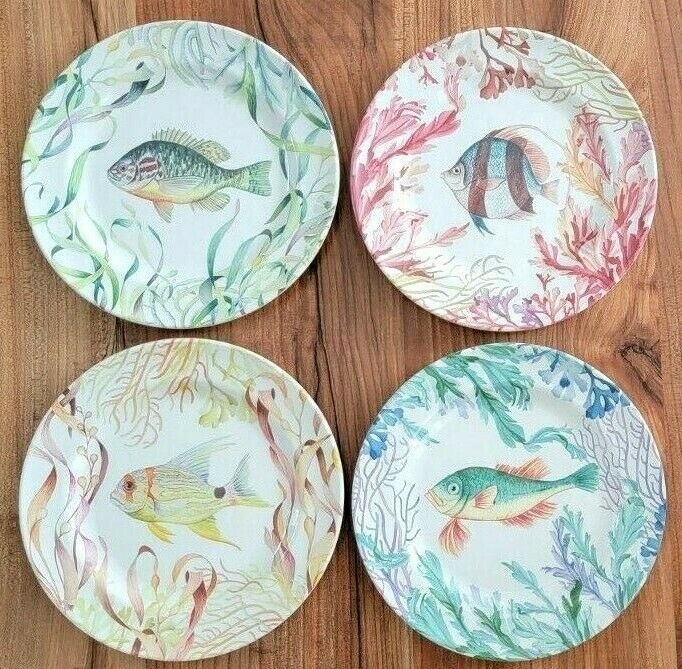 Primary image for 4 Melamine Pottery Barn SEALIFE Salad Plates FISH THEME 9" 4 Colors / Fish NWOT