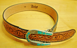 Tandy Leather Embossed Belt Turquoise Stone Horseshoe Buckle Western Ran... - $86.94