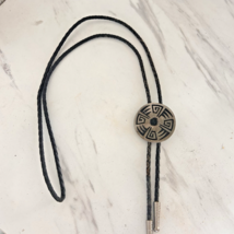 Vintage Southwestern Design Bolo Tie Pewter w/ Leather Tie 1.5" Diameter - $21.77