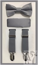 Gray NEW Boy&#39;s Clip Suspender Bow tie &amp; Pocket Square Handkerchief 3 pie... - £14.13 GBP