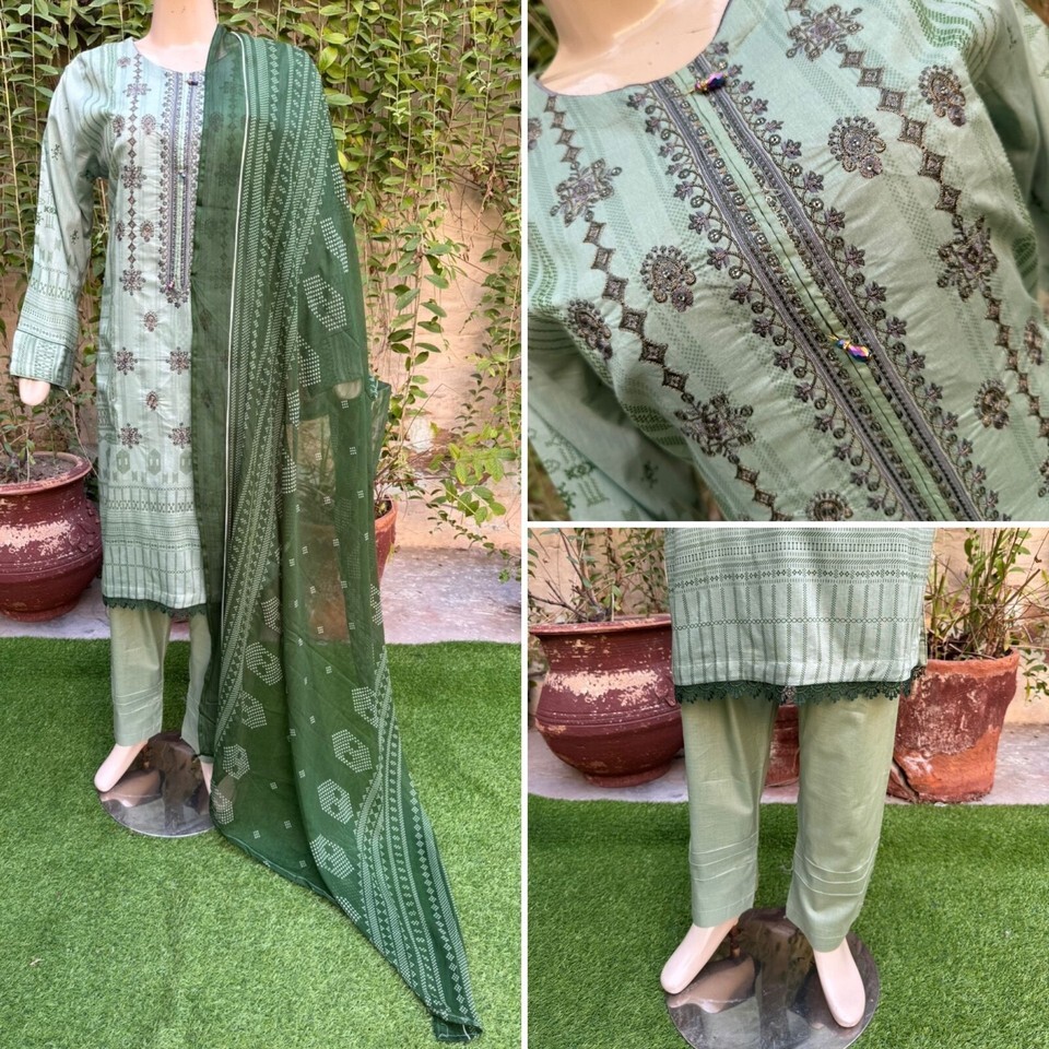 Pakistani Sage Green Printed Straight Shirt 3-PCS Lawn Suit w/ Threadwor... - $51.73