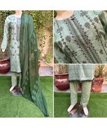 Pakistani Sage Green Printed Straight Shirt 3-PCS Lawn Suit w/ Threadwor... - $948.94 MXN