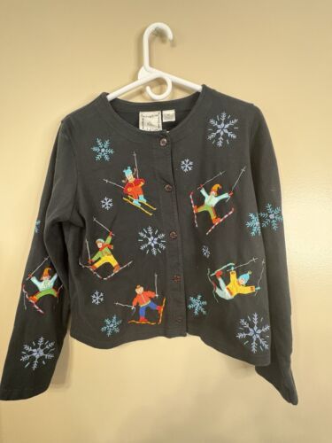 Michael Simon Lite Embroidered Winter Themed Skier Button Down Sweater T... - £28.10 GBP