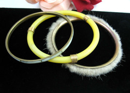 Lot 3 Bangle Bracelets Odd Vintage Yellow Plastic Soft Fur Brass Mop Goldtone - £13.58 GBP