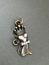 Estate Small Antique Bronze Kitty Cat w Crown &amp; Clear Rhinestone Eyes Charm or  - £8.30 GBP