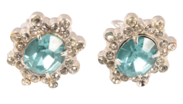 Coro Vintage Earrings Blue Center with Clear Rhinestones Surround Clip On - $6.79