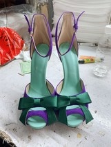 Woman Sandals Summer Fashion Stiletto Heel Buckle Bow Tie Purple Patchwork Sanda - £108.96 GBP