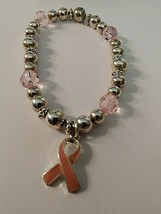 Breast Cancer Awareness Bracelet With 1 Pink Ribbon Stretch Cord Silver &amp; Pink  - £14.32 GBP