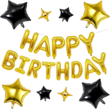 Gold Happy Birthday Mylar Foil Balloons 16&quot; w 8 Pcs Black &amp; Gold Star Balloons - £12.39 GBP