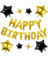 Gold Happy Birthday Mylar Foil Balloons 16&quot; w 8 Pcs Black &amp; Gold Star Ba... - £12.44 GBP