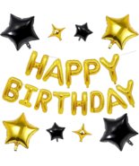 Gold Happy Birthday Mylar Foil Balloons 16&quot; w 8 Pcs Black &amp; Gold Star Ba... - $15.82