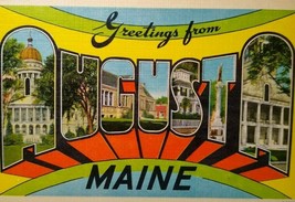 Greetings From Augusta Maine Big Large Letter Rainbow Postcard Linen E-8649 - £8.06 GBP