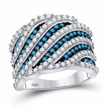 10kt White Gold Round Blue Color Enhanced Diamond Stripe Fashion Ring 1-3/4 Ctw - £1,226.89 GBP