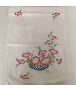 Hand embroidered pink flowers vintage table runner dresser scarf lace trim - $19.75