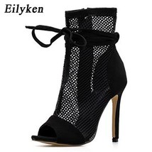 Summer Zipper Boots Sandals Black Mesh Sexy Peep Toe Lace Up Women Shoes Stilett - £37.16 GBP