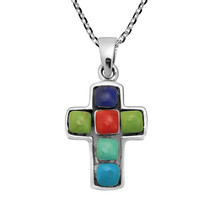 Cross with Colorful Mix of Square Mosaic Stones on Sterling Silver Necklace - £16.69 GBP