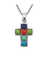 Cross with Colorful Mix of Square Mosaic Stones on Sterling Silver Necklace - £16.91 GBP