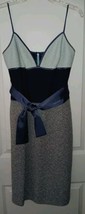 St John Evening Sz.4 Spaghetti Strap Mini Dress Silk Ribbon Belt Blue Tweed Knit - £182.32 GBP