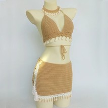 3pcs Bikini Set Woman Crochet  Tel Bikini Top And Sea Ankle Chain  Beach Skirt   - £93.17 GBP