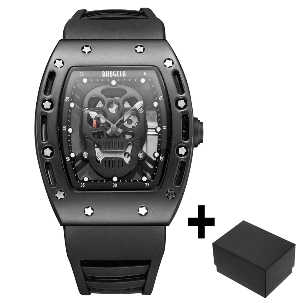 Large Men Watch Sports Trendy Black Rose Gold Skull Hollow-out On Dial Silicone  - £57.03 GBP