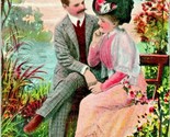 Vtg Postcard 1910s Romance Garden Flowers Big Hat Bench White Dress Unused - £10.47 GBP
