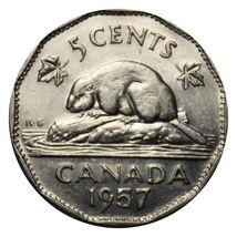 1957 Canada 5 Cents Bugtail Variety Coin UNC - €3,04 EUR