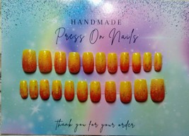 22 Pcs Handmade Press on Nail Orange Yellow Gradient Gold Swirl Medium Length Sq - £19.98 GBP