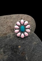 Signed Navajo Sterling Silver Natural Turquoise Pink Conch Cluster Ring 7.25 - £227.80 GBP