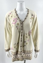Storybook Knits Cardigan Sweater Large Pale Yellow Pink Tan Floral Embro... - $33.66