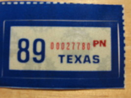 1989 TEXAS PLATE RENEWAL STICKER FOR PERSONALIZED PLATE - £2.25 GBP