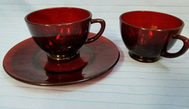 Ruby Cranberry Red Glass Footed 2 Cups Mugs &amp; 1 Saucer - £18.31 GBP