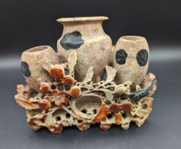 Antique Chinese Floral Hand Carved Soapstone Sculpture Vase Vintage 8&quot; 3D Crow - £88.91 GBP