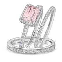 3.35 Ct Morganite &amp; Moissanite 14K White Gold Fn Wedding His &amp; Her Trio Ring Set - £74.12 GBP