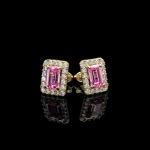 1.50CT Emerald Pink Halo Simulated Diamond Stud Earrings 14k Yellow Gold Plated - £64.73 GBP
