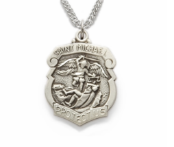 Sterling Silver Shield St. Michael Patron Police Officers Medal Necklace &amp; Chain - £112.11 GBP