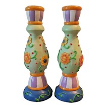 Set of 2 Candle Holders Pastel Embossed Funky Floral 6.5 Inch Tall Cottage Core - £18.52 GBP