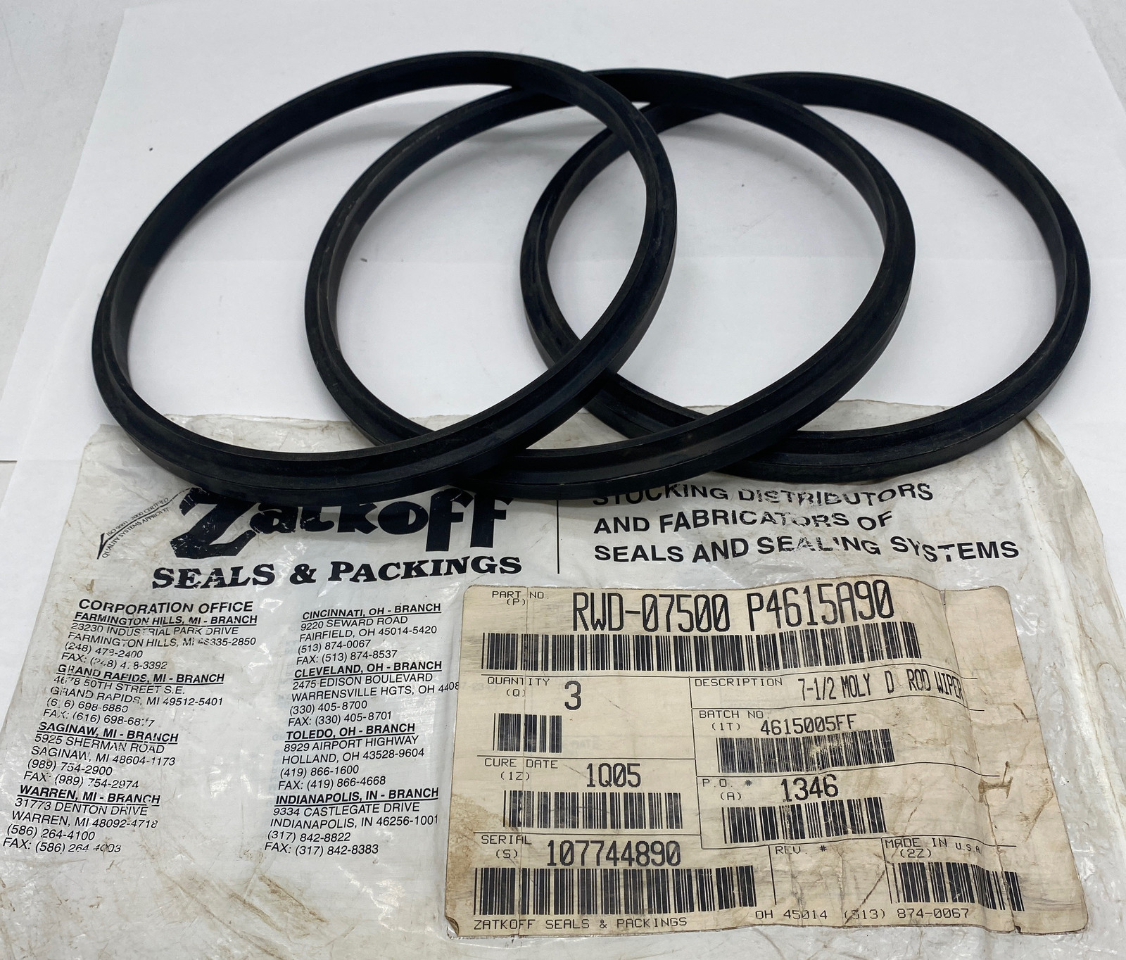 Zatkoff RWD-07500 P4615A90 Round Seal 7-1/2&quot; Moly D Rod Wiper (3-Pack)  - $35.20