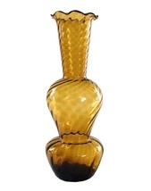 Vintage Amber Glass Bud Vase Hand Blown Optic Double Gourd Ruffle Rim 7.75”Hx3”W - £17.10 GBP