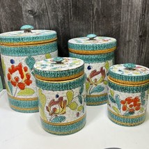Vtg 4 Piece Italian Graduated Canister Set Terracotta Pottery Blue Floral Leaves - £130.57 GBP