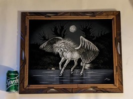 Vintage Hand Painted Black Velvet Flying Pegasus Carved Wooden Frame 29 x 13 in - £79.95 GBP