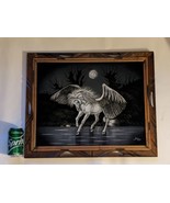 Vintage Hand Painted Black Velvet Flying Pegasus Carved Wooden Frame 29 ... - $135.86 CAD
