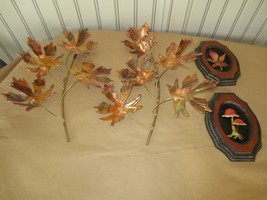 Retro 4-Piece Gold &amp; Coppertone METAL LEAF &amp; MUSHROOM Wall Hanging Set - $482.37 MXN