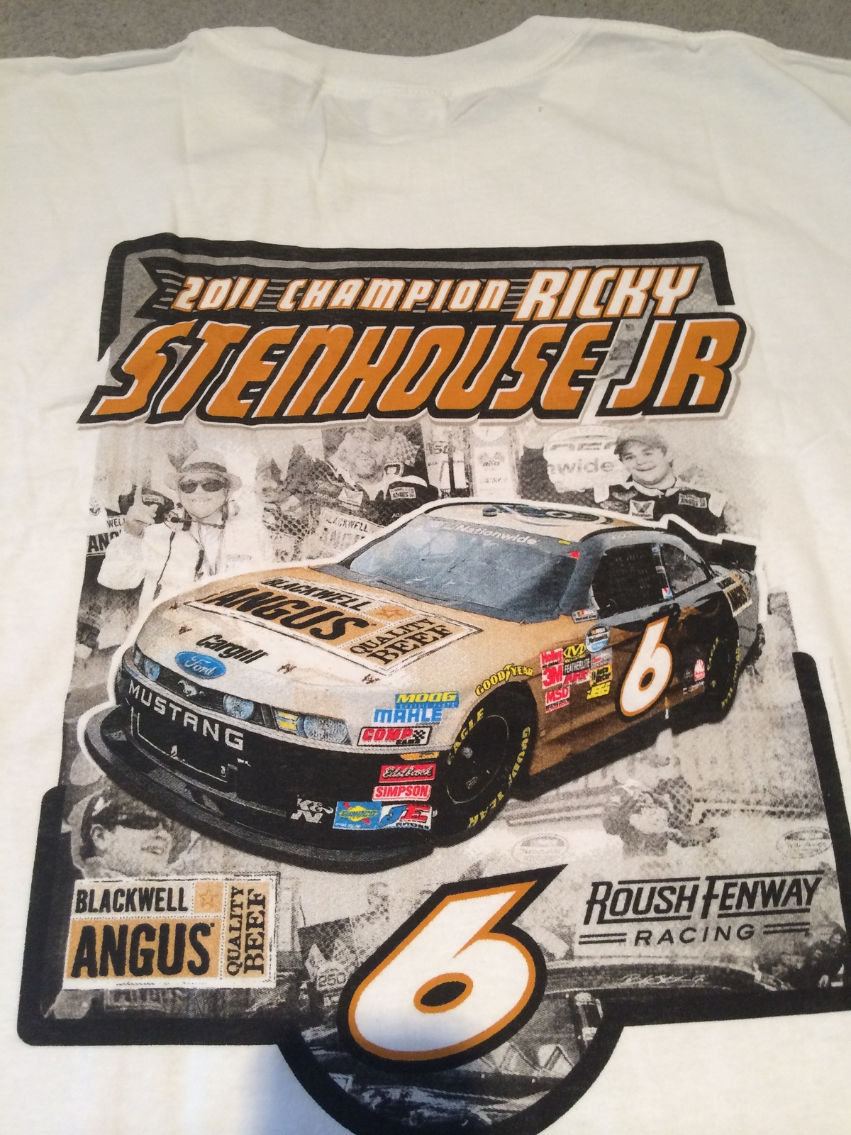 Ricky Stenhouse jr #6 Mustang Ford, 2011 Champ of Nationwide on a new 2XL white  - $20.00