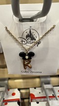 Disney Parks Mickey Mouse Ears Cubic Zirconia Letter R Gold Color Necklace NEW