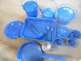 Great Set Of 21 Pieces Of Blue Agateware Enamelware.............Free Postage Usa - £103.34 GBP