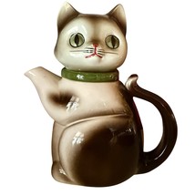 Vintage CMI 8.5&quot; Porcelain Kitty Cat Teapot w/ Green Collar Made in Japan 1972 - $47.52