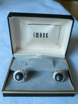 Swank Silver Metal Black Stone Cuff Links in Original Box 3/4" diameter - $8.79