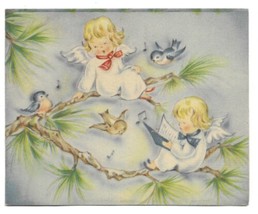 VINTAGE 1940s WWII ERA Christmas Greeting Card Little Angels Blue Birds ... - $14.83