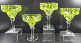 (4) Confetti Margarita Glasses Set Hand Blown Yellow Green Speckled Stemware Lot - £47.20 GBP